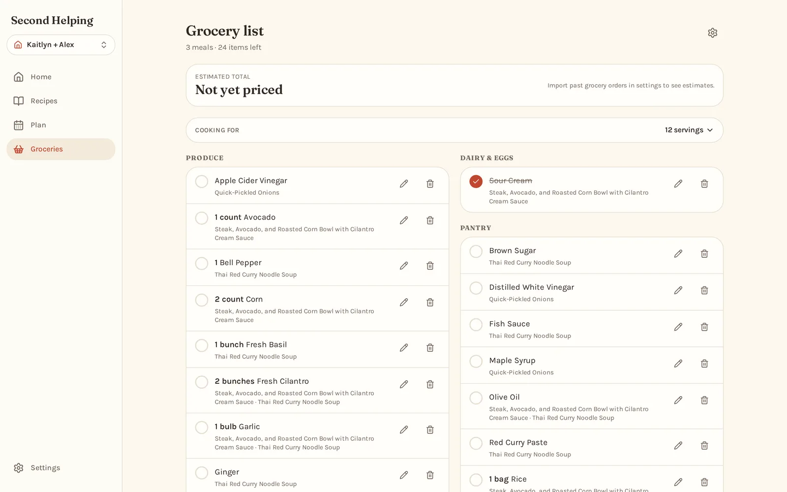 A consolidated Second Helping grocery list on desktop, grouped into produce, dairy and pantry columns.