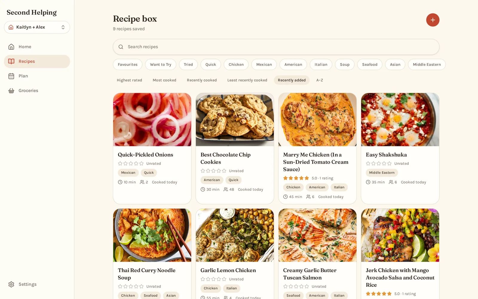 The Second Helping recipe box on desktop, showing a grid of saved recipes with ratings, tags and filters.