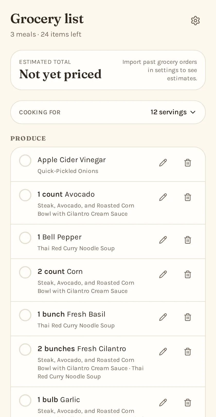 Organized grocery list generated from a weekly meal plan in Second Helping.