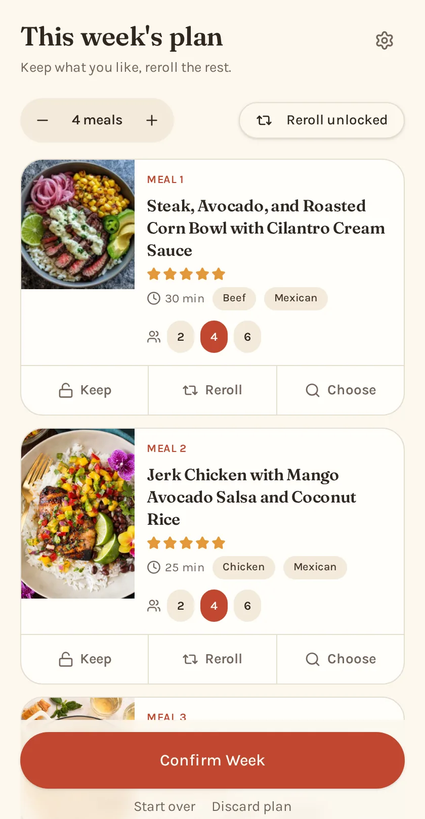 Second Helping weekly meal planner showing dinner suggestions you can keep or swap.